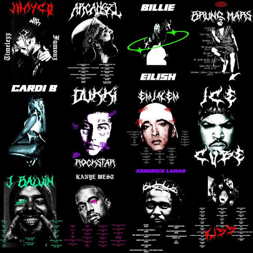 Print-ready artist designs for DTF/DTG, embroidery, and tumbler wraps featuring iconic musicians and bold graphics.