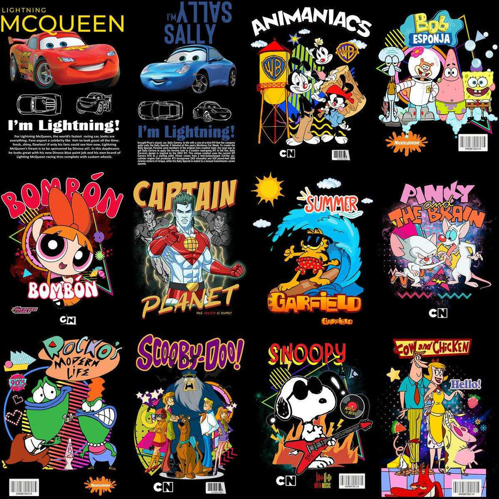 Cartoon character t-shirt designs featuring Lightning McQueen, Animaniacs, SpongeBob, Garfield, Snoopy & more for DTF/DTG printing