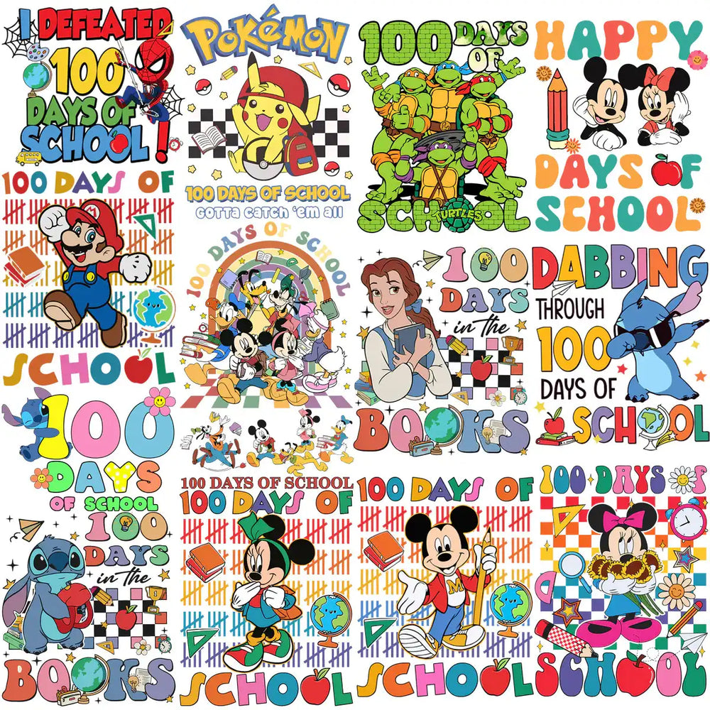 100 Days of School designs featuring Spider-Man, Pikachu, Teenage Mutant Ninja Turtles, Mickey Mouse, and Stitch