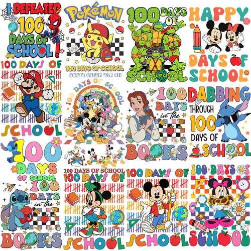 100 Days of School designs featuring Spider-Man, Pikachu, Teenage Mutant Ninja Turtles, Mickey Mouse, and Stitch
