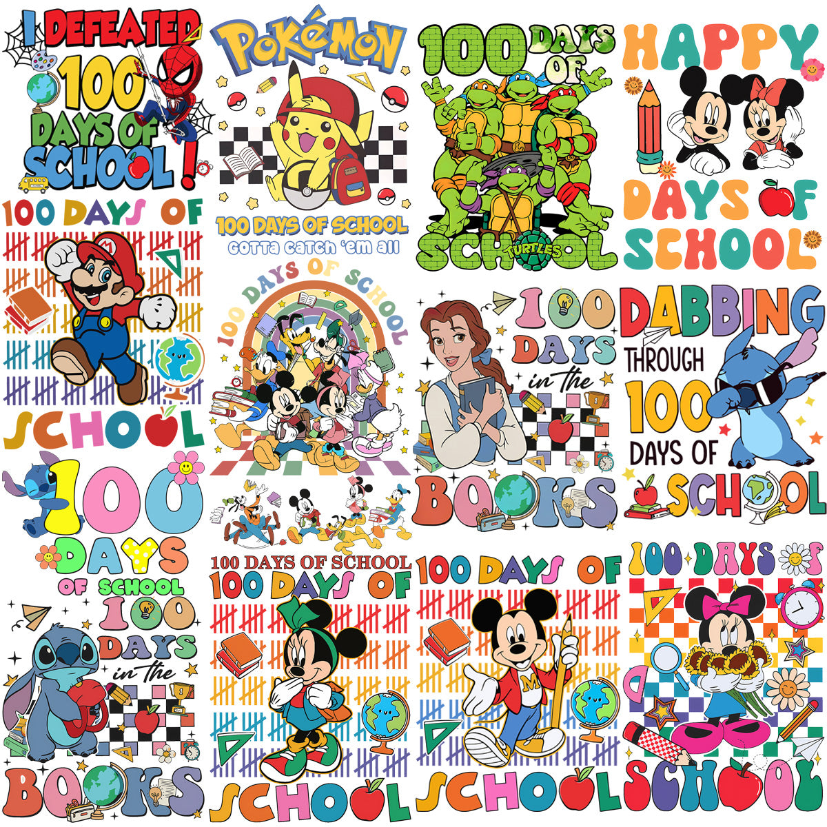 50 Cartoons 100 Days Of School Designs Bundle PNG