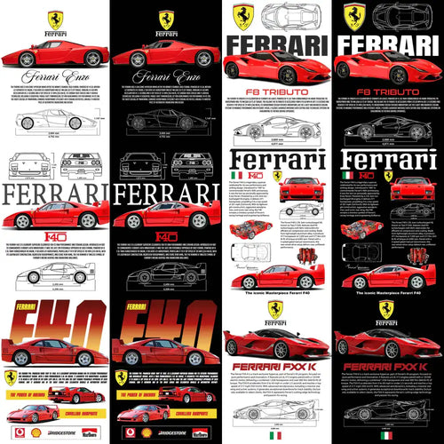 Ferrari car designs with specs, ideal for DTF/DTG and embroidery projects, print-ready PNG/SVG files.