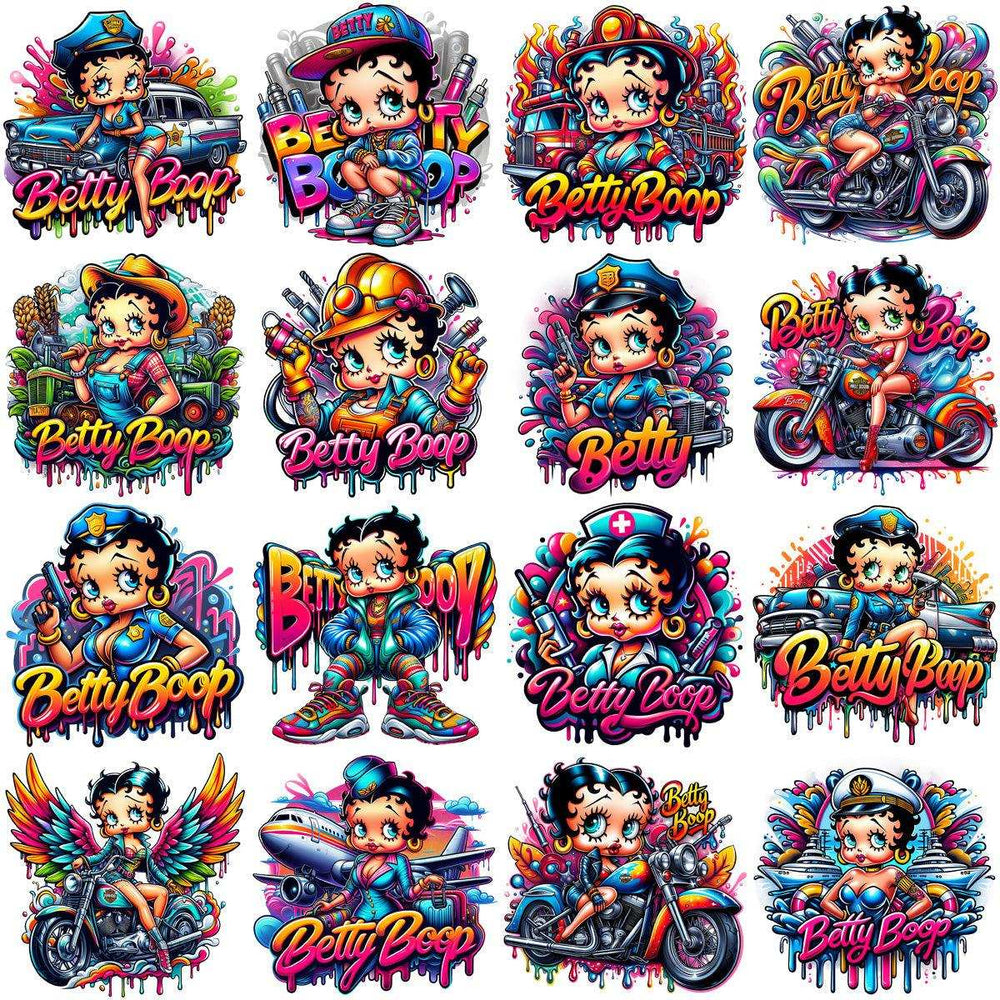 Betty Boop in vibrant, colorful designs for DTF/DTG and embroidery, featuring motorcycles, cars, and themed outfits.