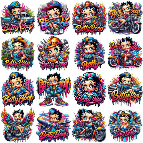 Betty Boop in vibrant, colorful designs for DTF/DTG and embroidery, featuring motorcycles, cars, and themed outfits.