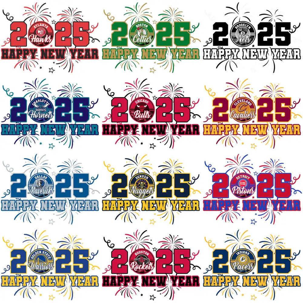 2025 Happy New Year designs with NBA team logos and fireworks for DTF/DTG printing