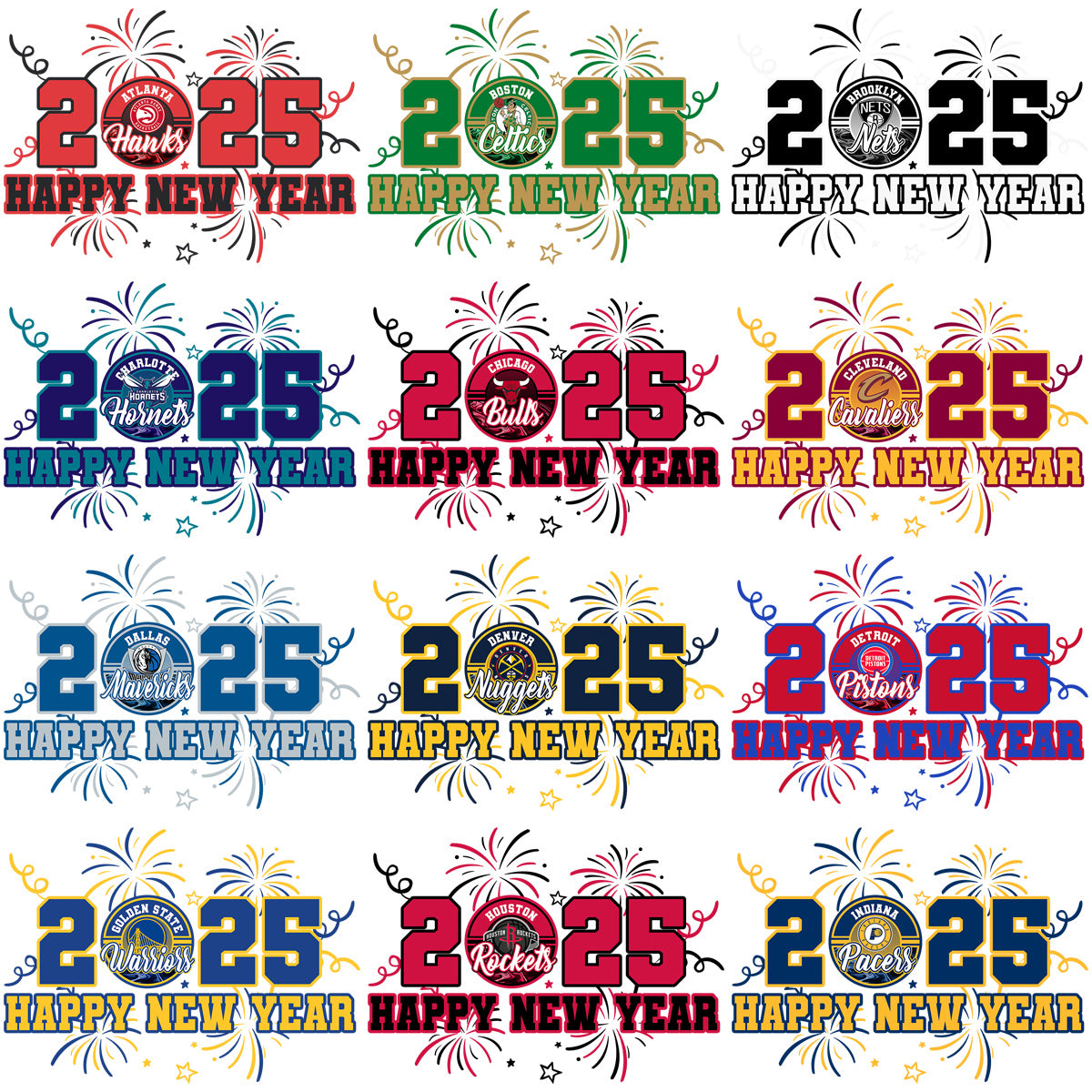 30 Happy New Year 2025 Basketball Teams Designs Bundle PNG