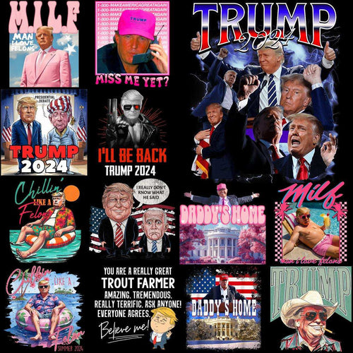 Trump 2024 political designs, print-ready PNGs for t-shirts, featuring slogans and caricatures.