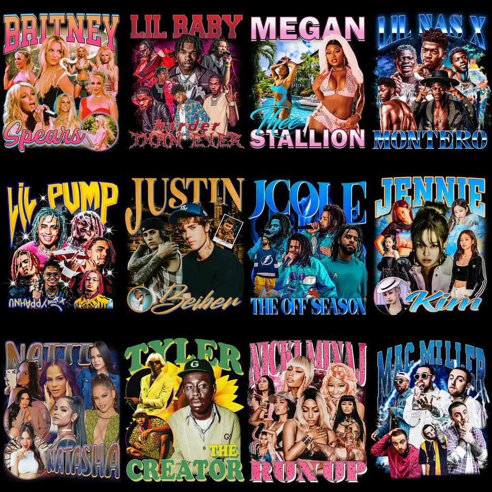 Celebrity-themed DTF/DTG designs featuring pop stars and artists for custom apparel printing.