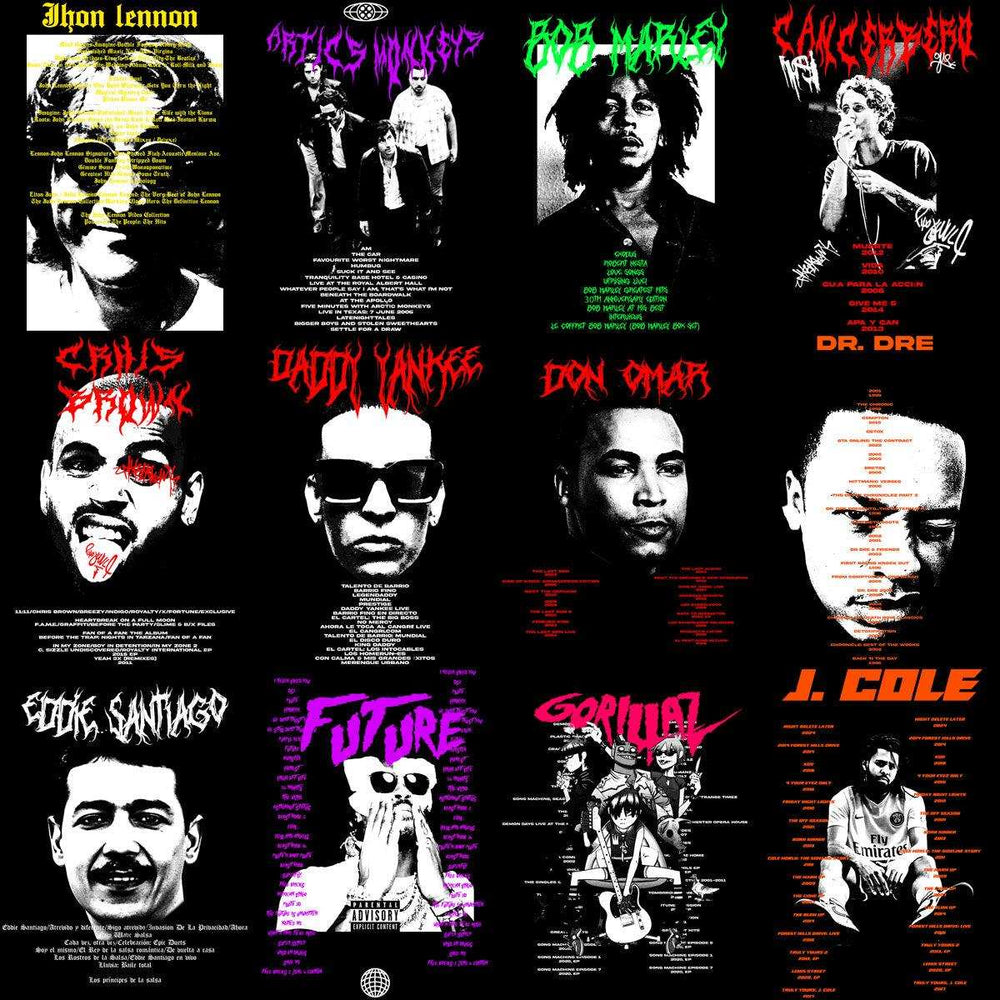 Print-ready music artist designs for DTF, DTG, embroidery & tumblers — John Lennon, Bob Marley, J. Cole, Future, and more.
