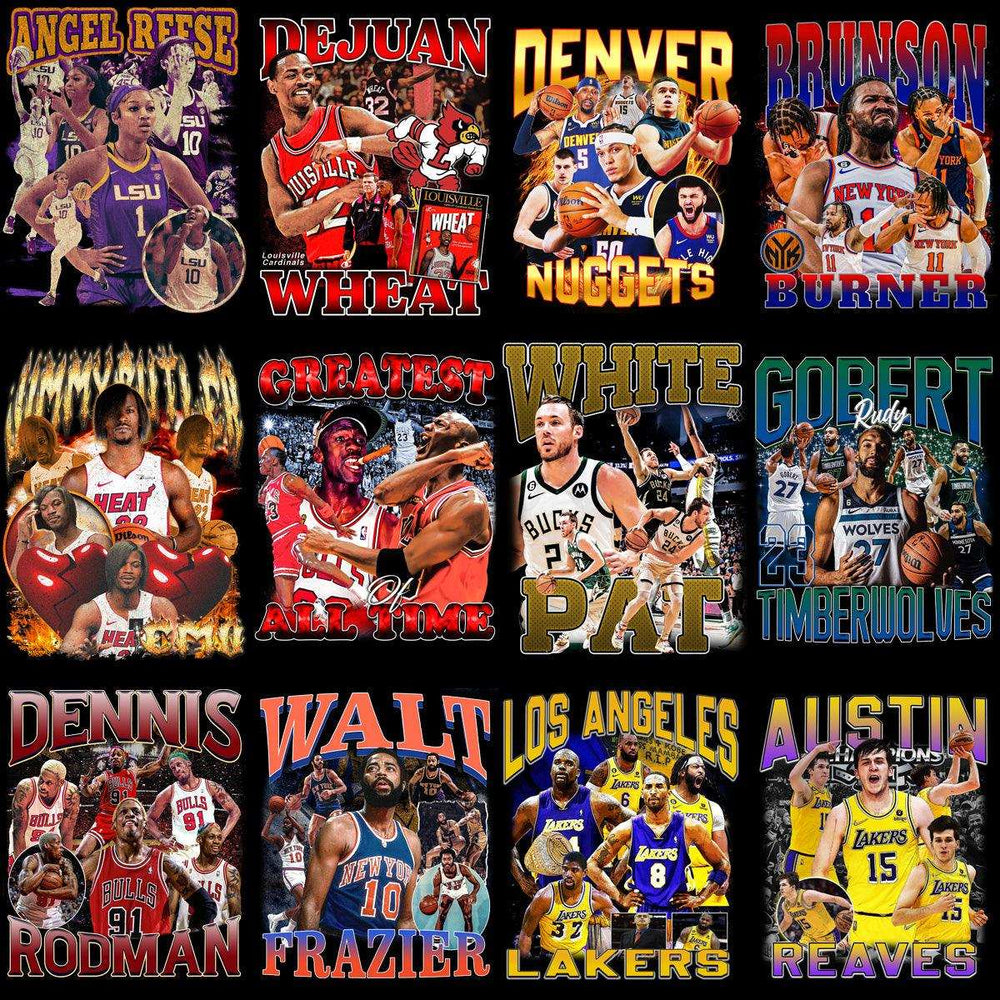Basketball player designs for DTF DTG embroidery, featuring NBA stars and team graphics, print-ready PNG SVG