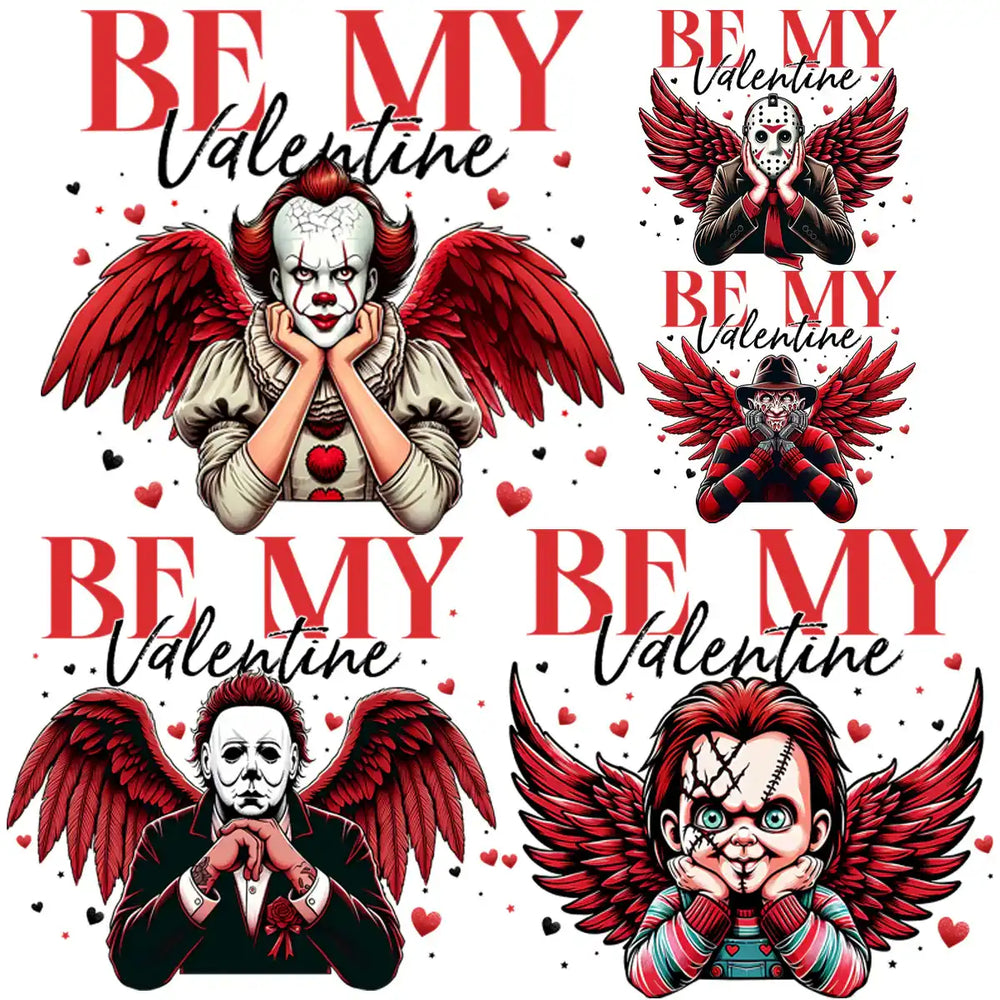 Be My Valentine horror characters with red wings, hearts, and print-ready designs for DTF DTG embroidery