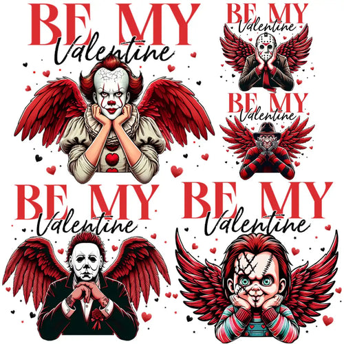 Be My Valentine horror characters with red wings, hearts, and print-ready designs for DTF DTG embroidery