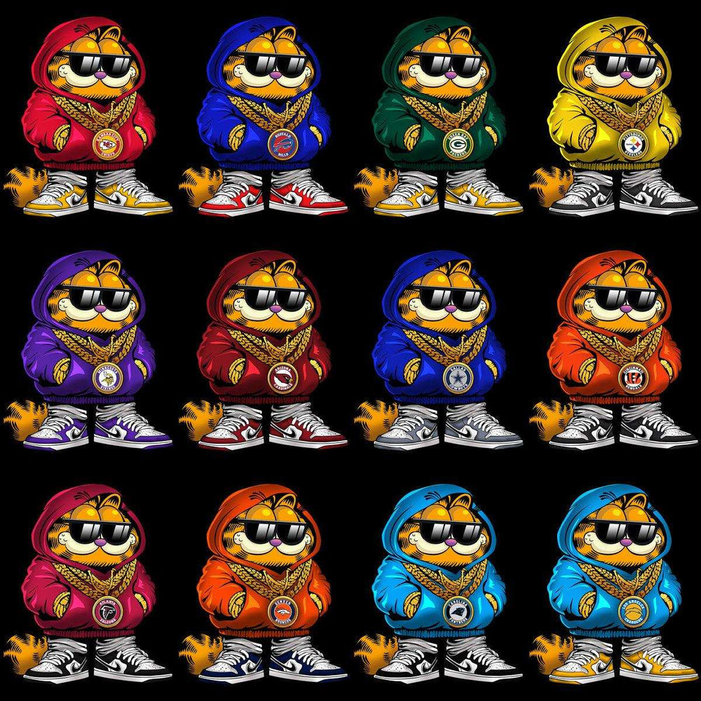 Garfield in NFL team hoodies with gold chains & sneakers, print-ready SVG/PNG designs for DTG/DTF