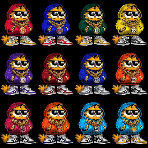 Garfield in NFL team hoodies with gold chains & sneakers, print-ready SVG/PNG designs for DTG/DTF