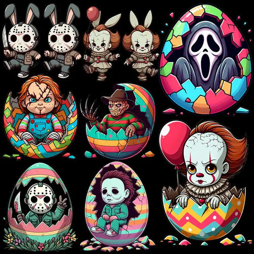 Cute horror characters in colorful Easter eggs, perfect for DTF/DTG designs and print-ready PNGs.