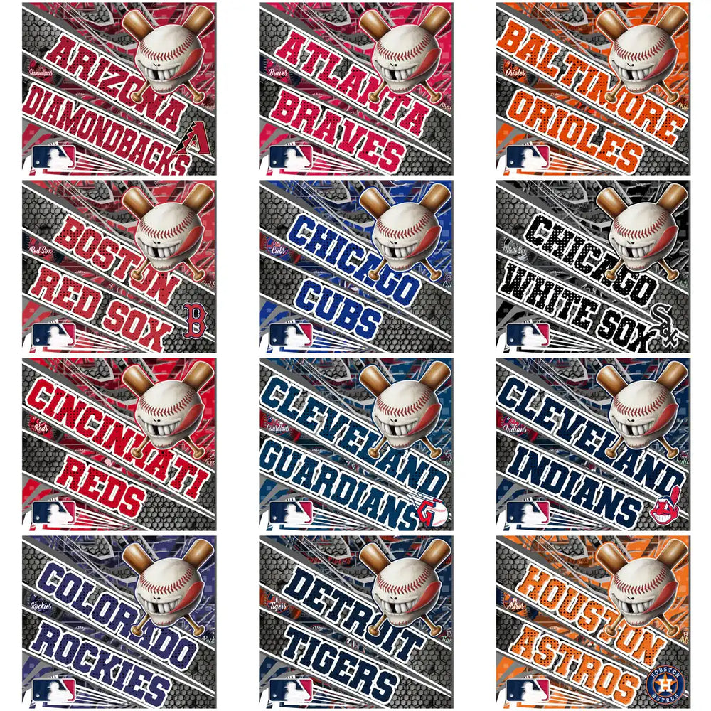 MLB team baseball designs with crossed bats, perfect for DTF, DTG, or embroidery projects