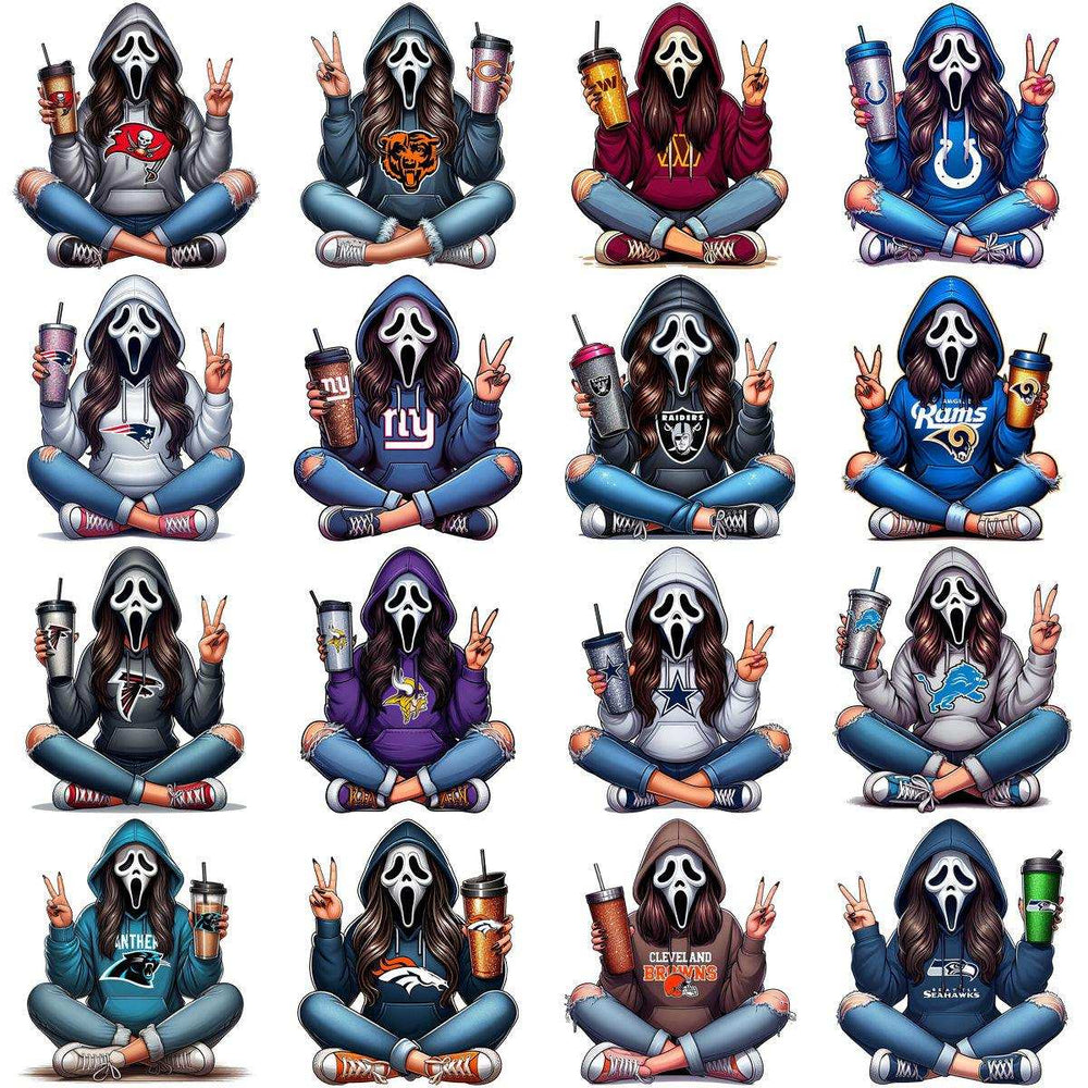 Scream mask girl in NFL team hoodies holding drinks, peace sign, print-ready PNG SVG designs