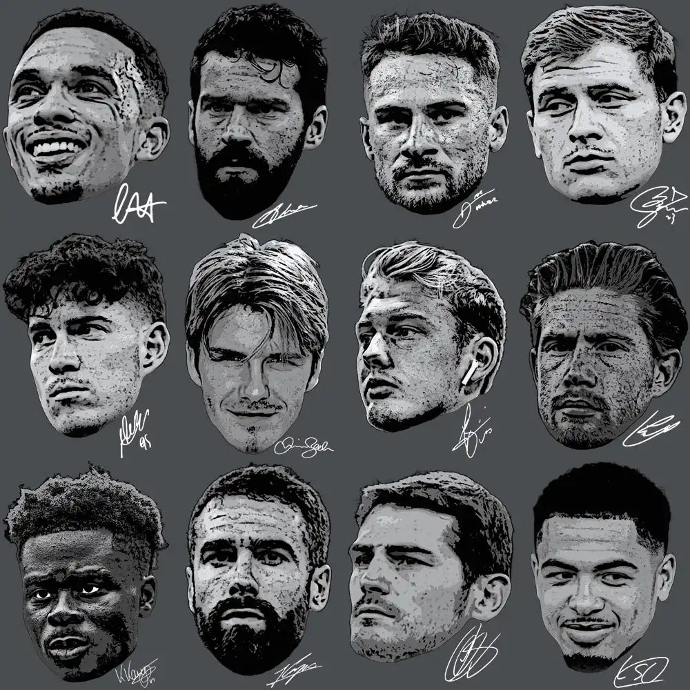 Print-ready soccer player portraits with autographs for DTF/DTG and embroidery designs