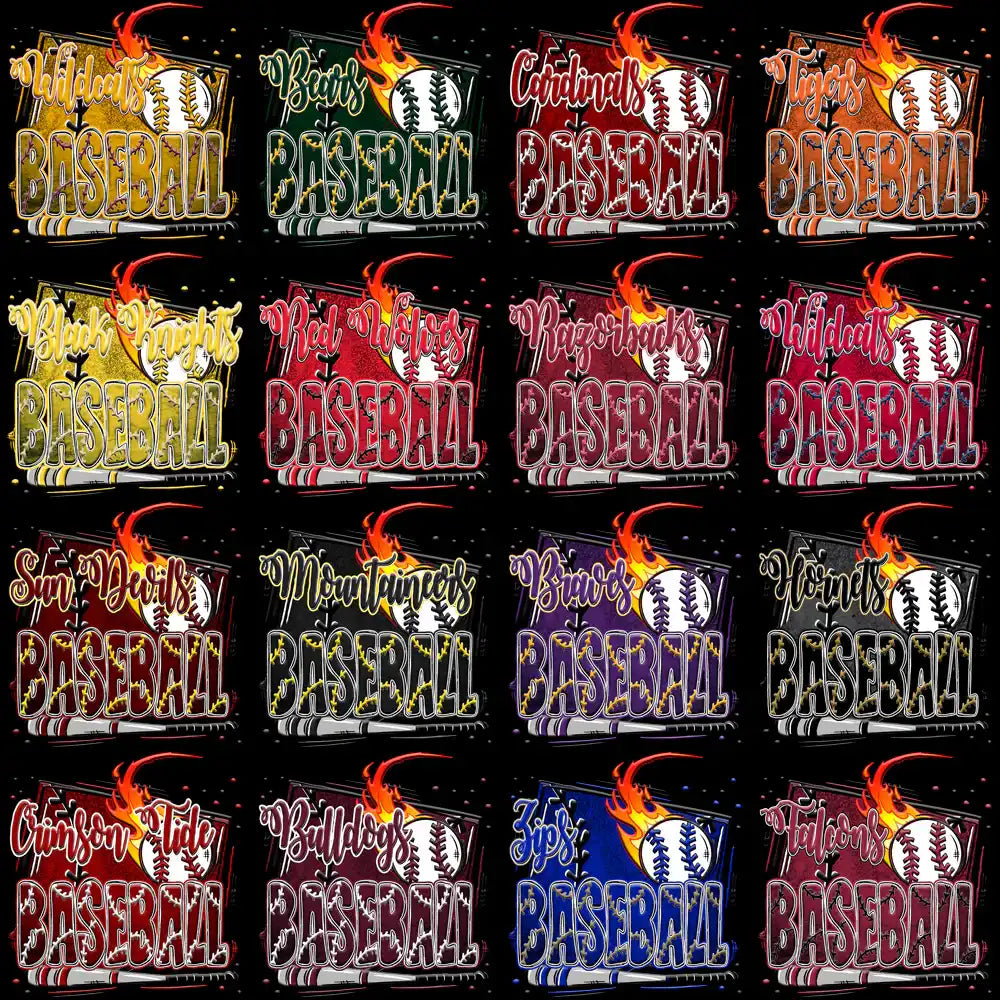 Baseball team designs with flames and balls, print-ready for DTF DTG embroidery