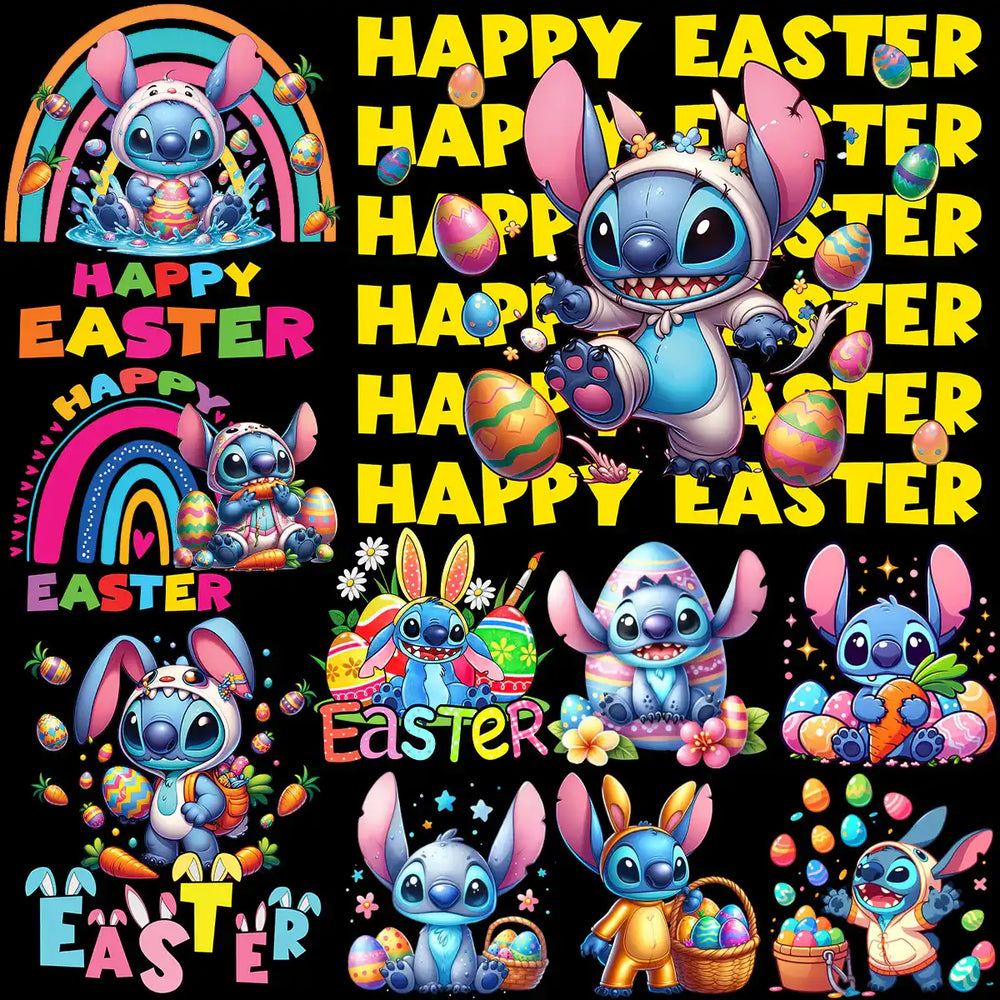 Stitch Easter designs with colorful eggs, rainbows, and bunny ears for DTF/DTG printing