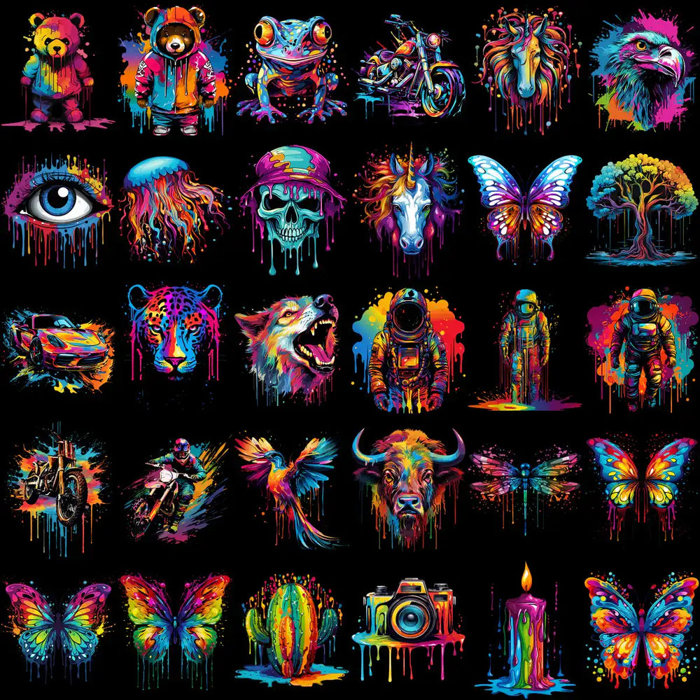 Vibrant drip art designs featuring animals, objects, and astronauts for DTF/DTG and embroidery projects.
