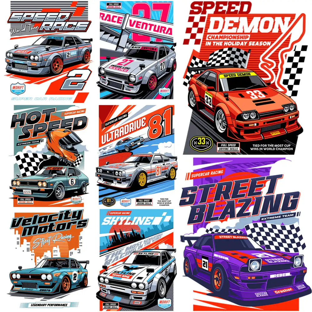 Racing car designs with checkered flags, bold text, and vibrant colors for DTF, DTG, embroidery, and tumbler wraps.