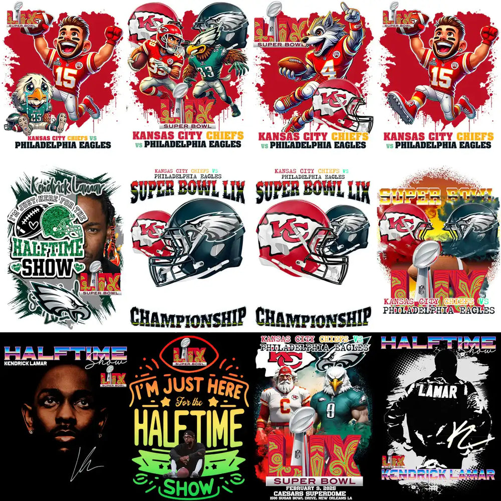 Kansas City Chiefs vs Philadelphia Eagles Super Bowl LIX designs, featuring team helmets, mascots, and halftime show graphics.