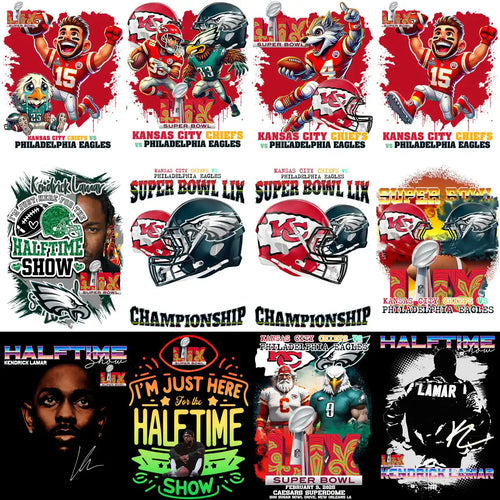 Kansas City Chiefs vs Philadelphia Eagles Super Bowl LIX designs, featuring team helmets, mascots, and halftime show graphics.