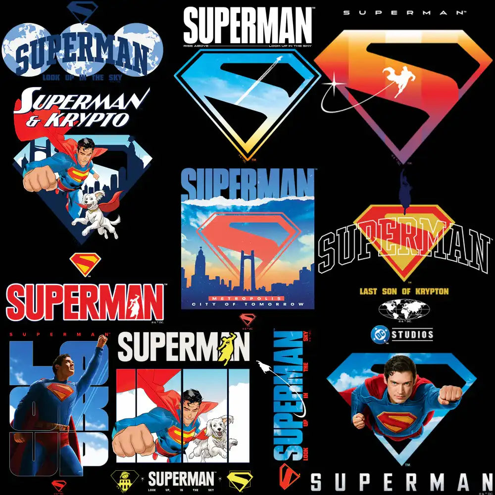 Superman logo bundle with DTF/DTG designs, SVG & PNG files for print-ready merch, featuring iconic S-shield and Metropolis themes