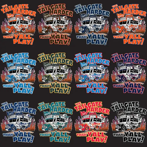 Tailgate harder truck designs with bold text and colorful graphics for DTF/DTG printing