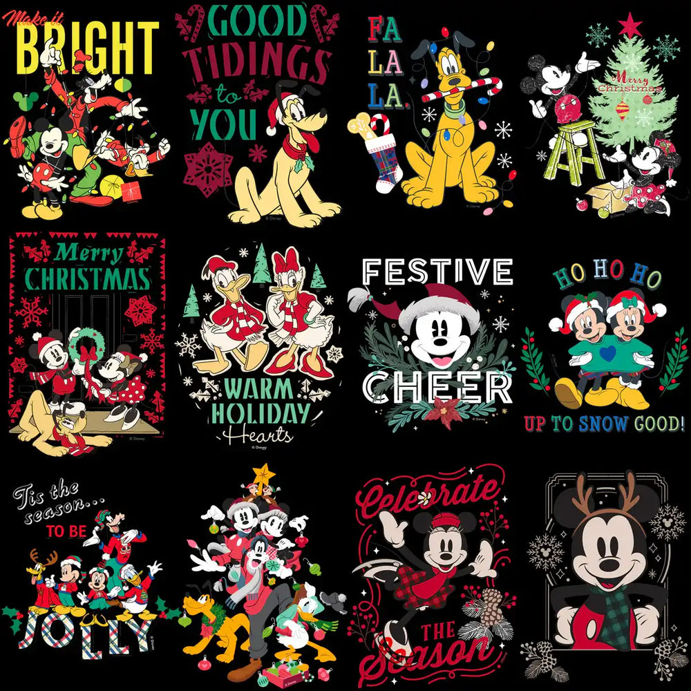 Disney holiday designs featuring Mickey, Minnie, Pluto, and Donald in festive Christmas themes for DTG/DTF printing.