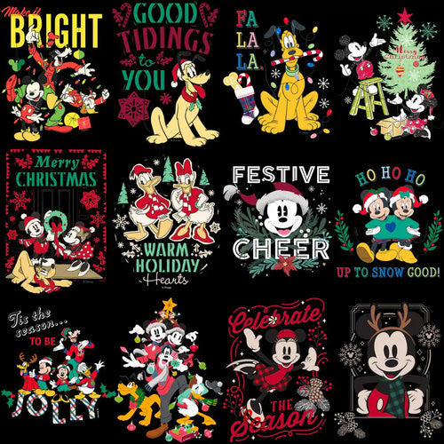 Disney holiday designs featuring Mickey, Minnie, Pluto, and Donald in festive Christmas themes for DTG/DTF printing.