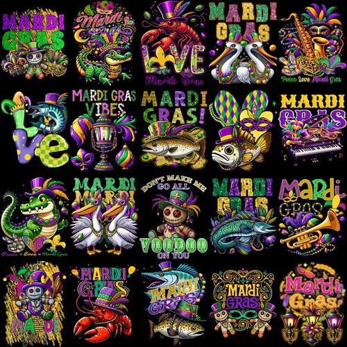 Vibrant Mardi Gras designs with pelicans, crawfish, and festive masks for DTG, DTF, and embroidery.