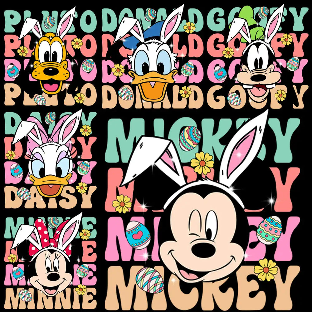 Easter-themed Disney characters with bunny ears, colorful eggs, and flowers for print designs.
