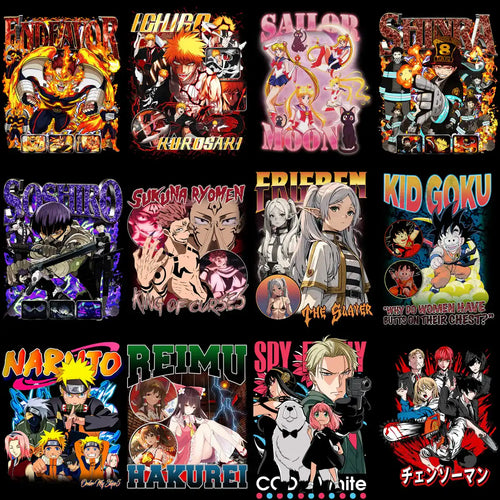 Anime t-shirt designs featuring Naruto, Sailor Moon, Dragon Ball, and more. Print-ready PNG bundles for DTF/DTG.