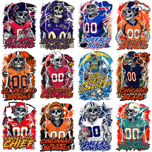 NFL team skeleton designs for DTF/DTG, embroidery, and tumbler wraps with vibrant colors and bold graphics.