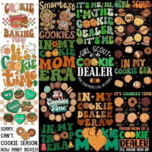 Cookie-themed designs for DTF, DTG, and embroidery with playful phrases and sweet illustrations