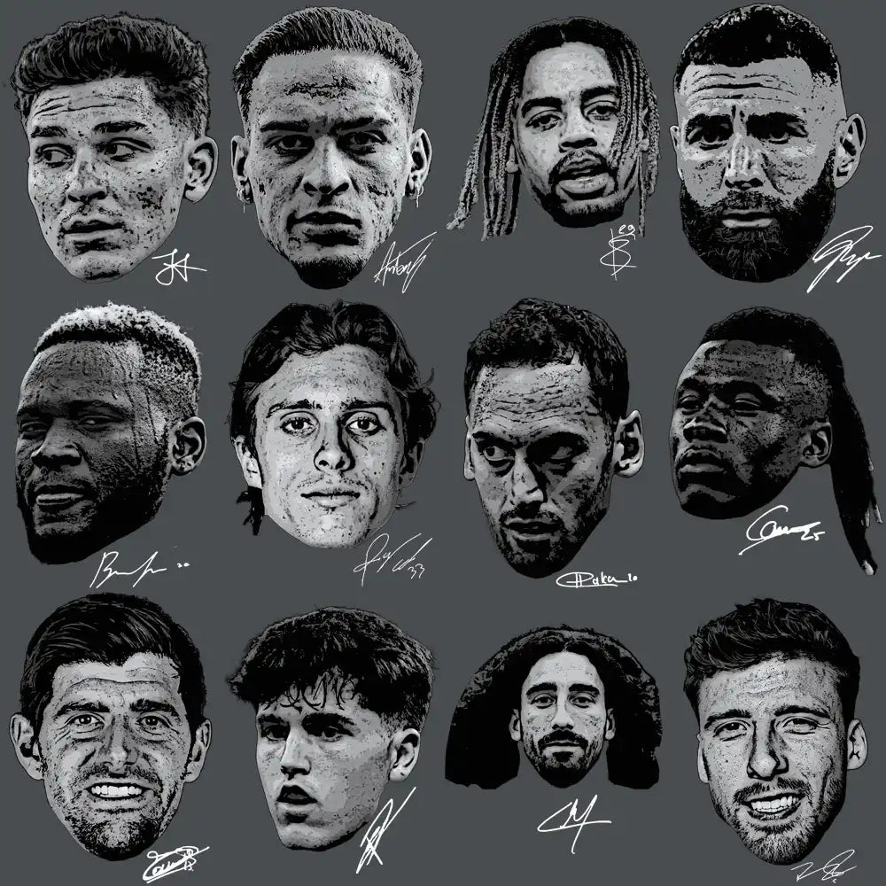 Print-ready soccer player portraits with signatures for DTF/DTG designs