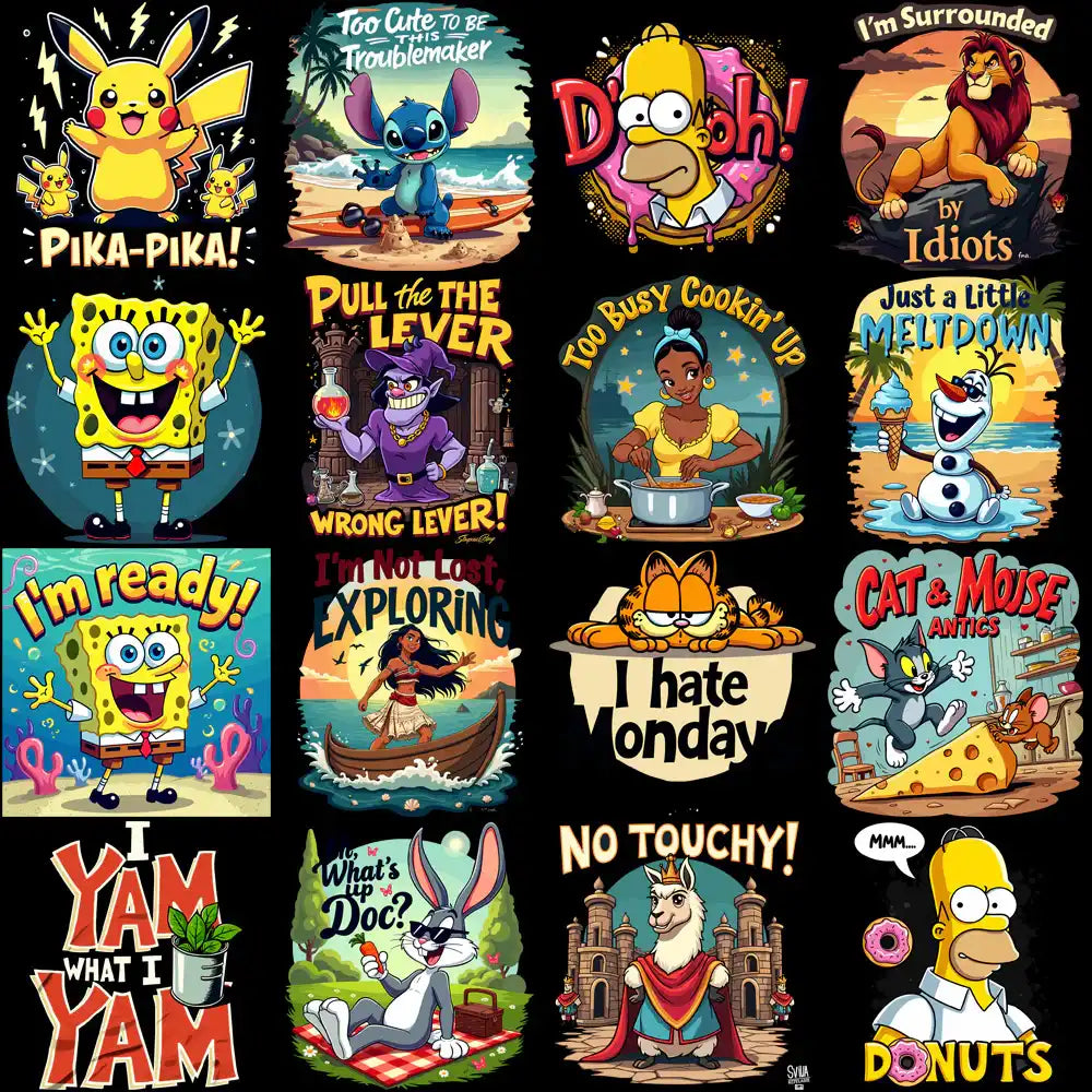 Print-ready cartoon designs for t-shirts, featuring Pikachu, SpongeBob, Homer Simpson, and more fun characters.