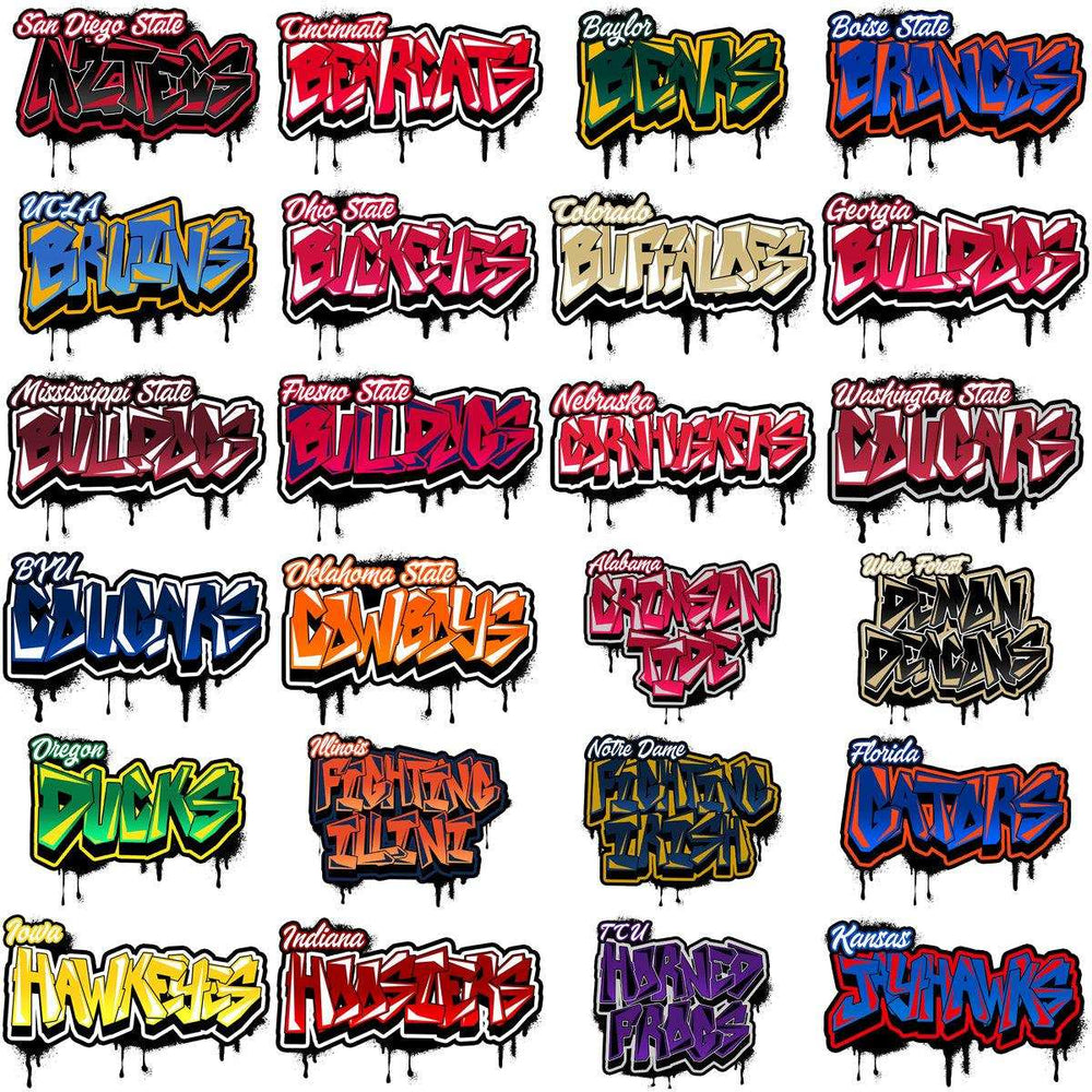 Vibrant graffiti-style college team logos for DTF/DTG and embroidery designs, print-ready PNG, SVG, PES