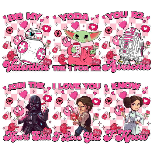 Star Wars Valentine's Day designs with BB-8, Yoda, R2-D2, Darth Vader, Han Solo & Leia. Pink hearts, checkered background. Print-ready PNG/SVG.