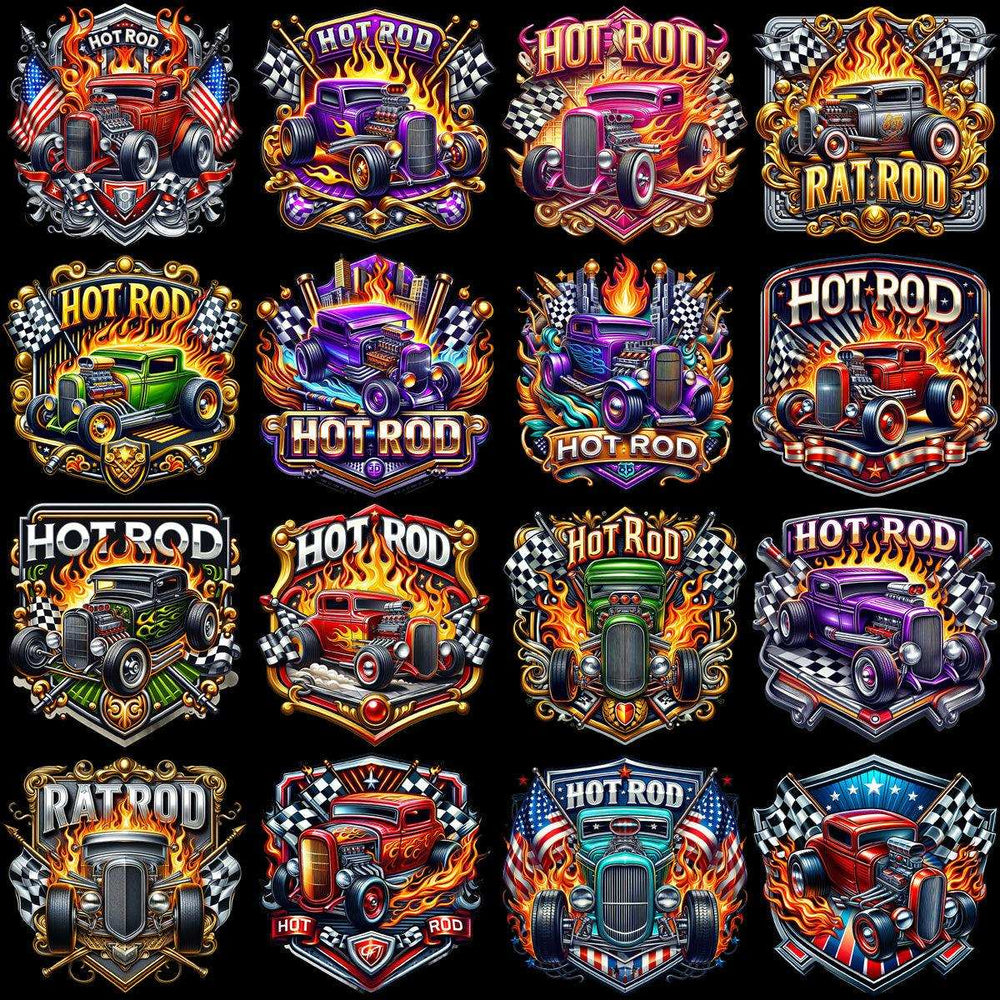 Hot Rod and Rat Rod designs with flames, checkered flags, and vintage cars for DTF/DTG and embroidery