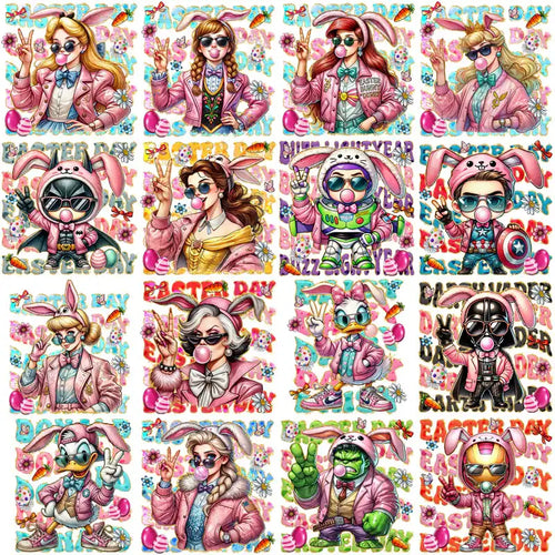 Easter-themed cartoon characters in pink bunny outfits with sunglasses and peace signs