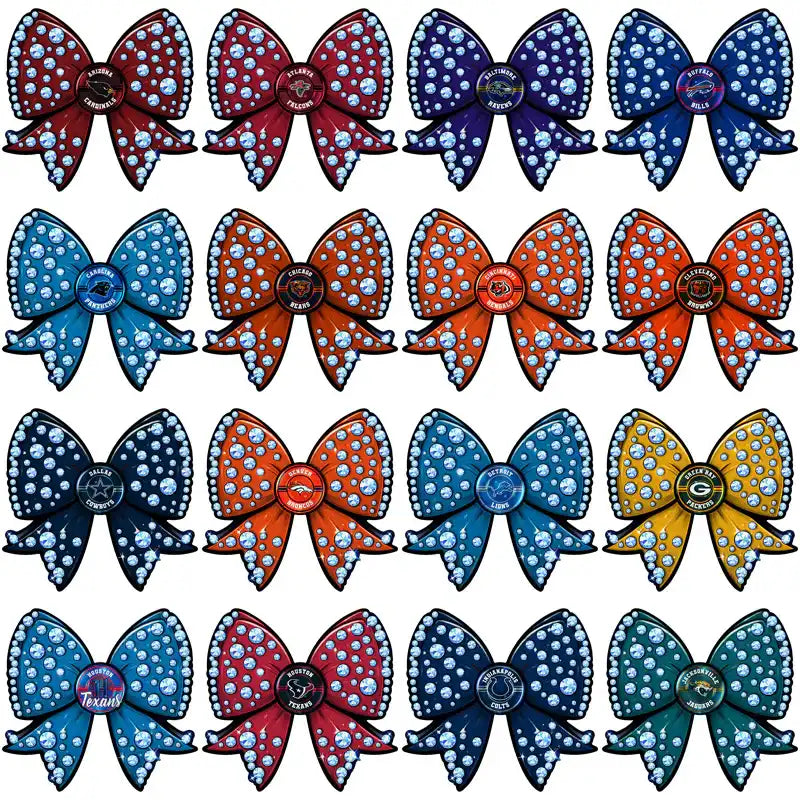 Sparkling NFL team bow designs for DTF/DTG and embroidery, featuring team logos and rhinestone details.