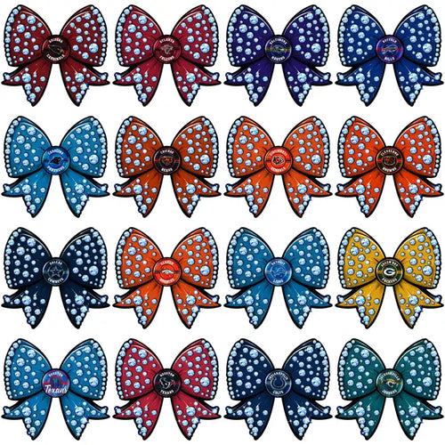 Sparkling NFL team bow designs for DTF/DTG and embroidery, featuring team logos and rhinestone details.