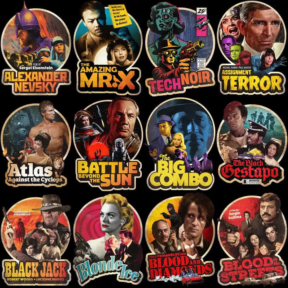 Retro movie poster designs for DTF/DTG printing, featuring vintage film art, print-ready PNGs, ideal for t-shirts and merch.