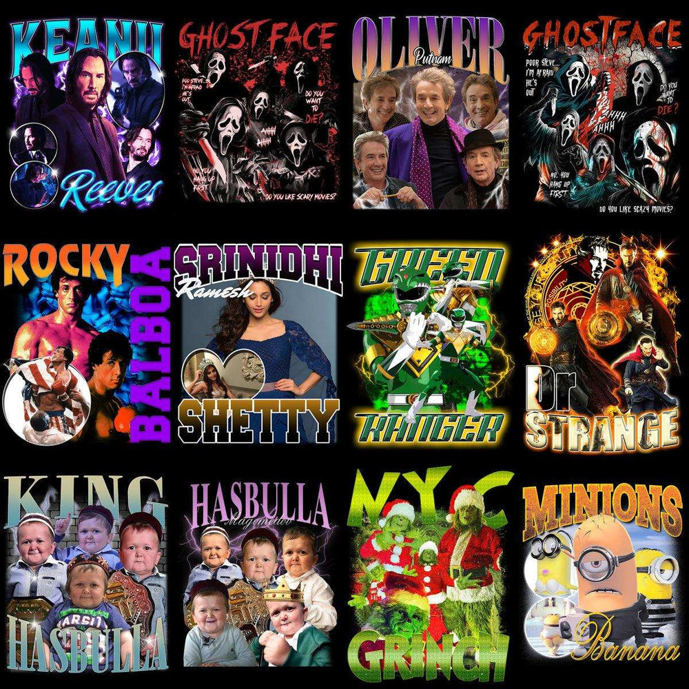 Movie and character-themed print designs for t-shirts, including Keanu Reeves, Ghostface, and Minions