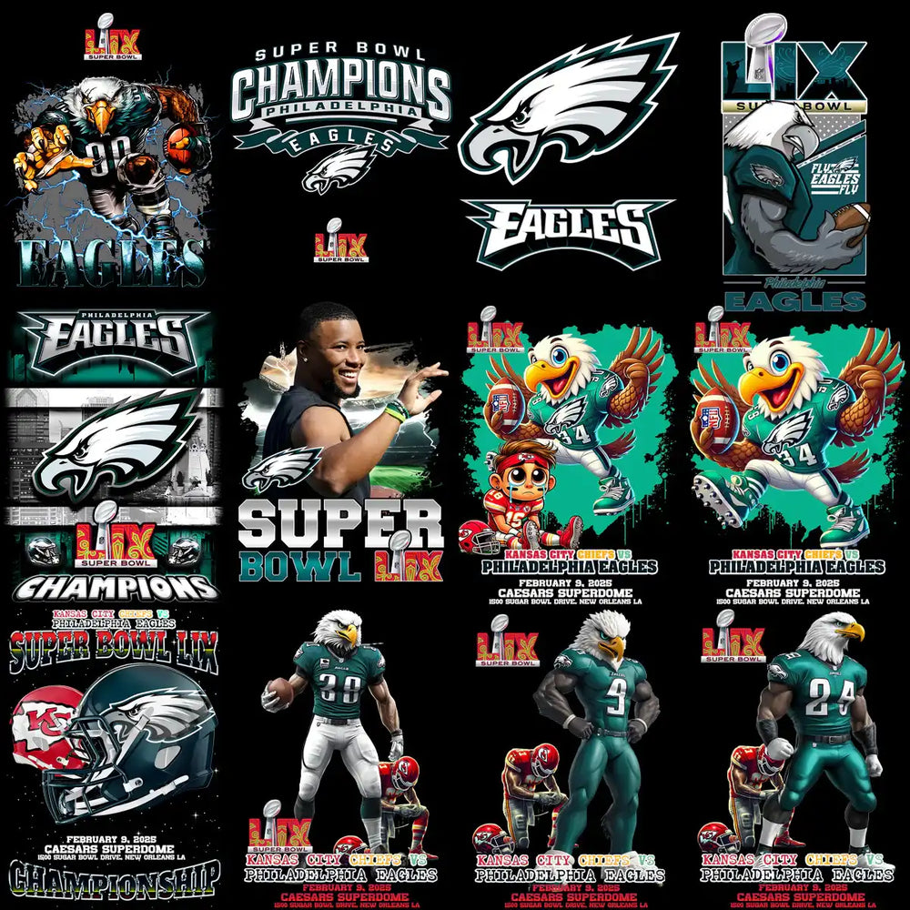 Philadelphia Eagles Super Bowl LIX designs, player art, mascots, and championship graphics for DTF, DTG, embroidery