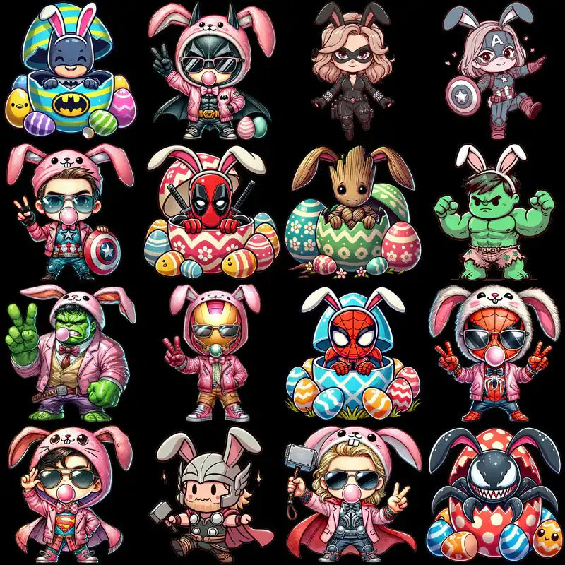 Cute Easter bunny superhero designs for DTF, DTG, embroidery & tumbler wraps — print-ready PNG, SVG, PES