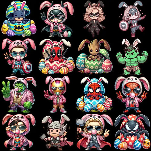 Cute Easter bunny superhero designs for DTF, DTG, embroidery & tumbler wraps — print-ready PNG, SVG, PES
